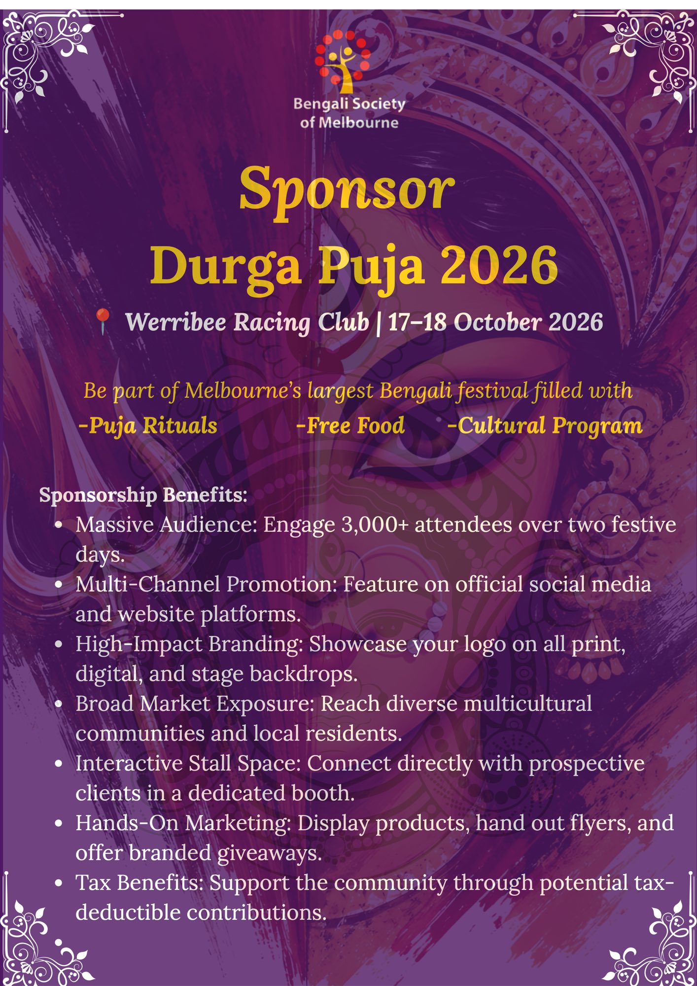 Durga Puja 2026 sponsorship benefits — audience reach, branding, stall space and tax benefits