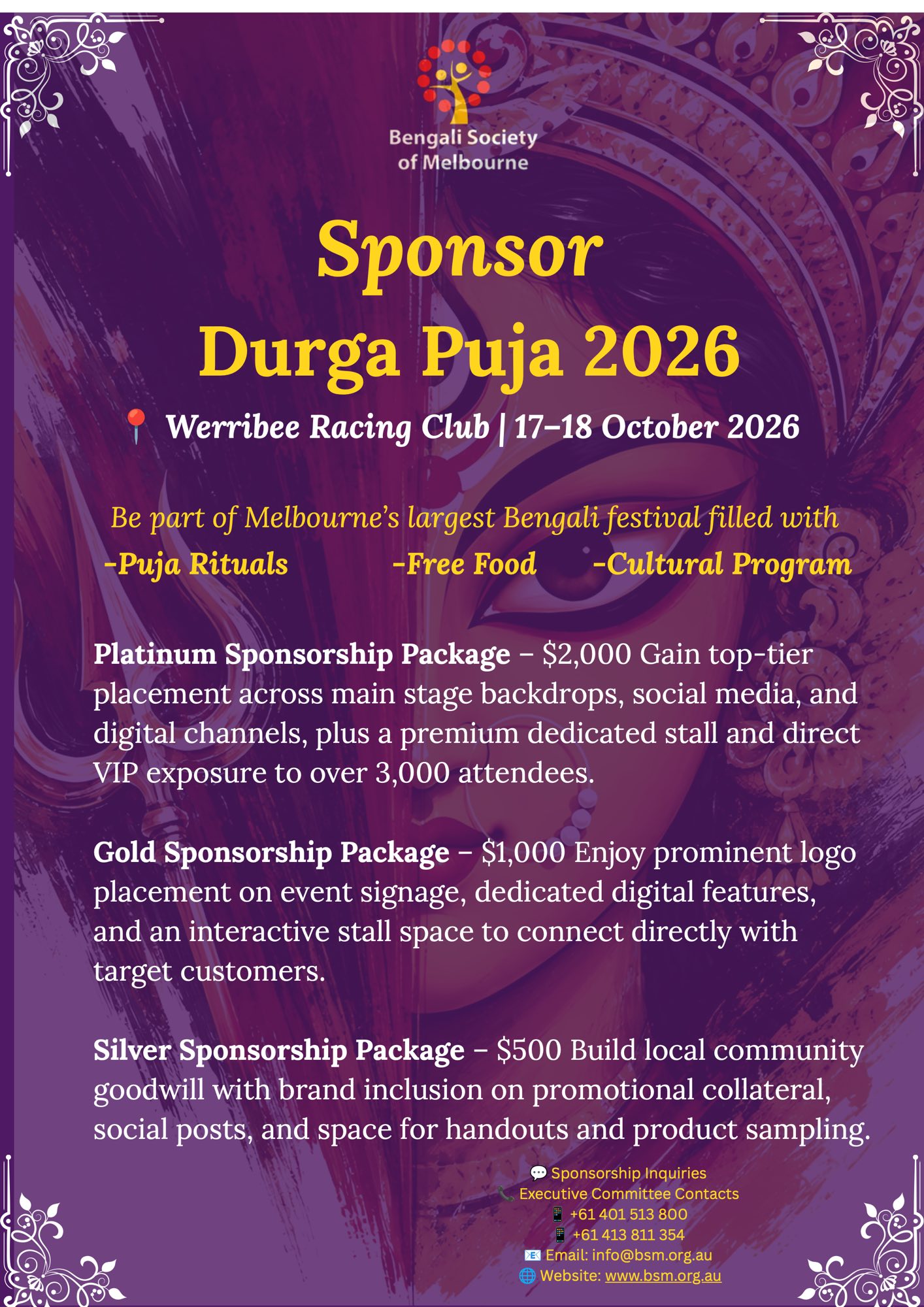 Durga Puja 2026 sponsorship packages — Platinum $2,000, Gold $1,000, Silver $500, with contact details
